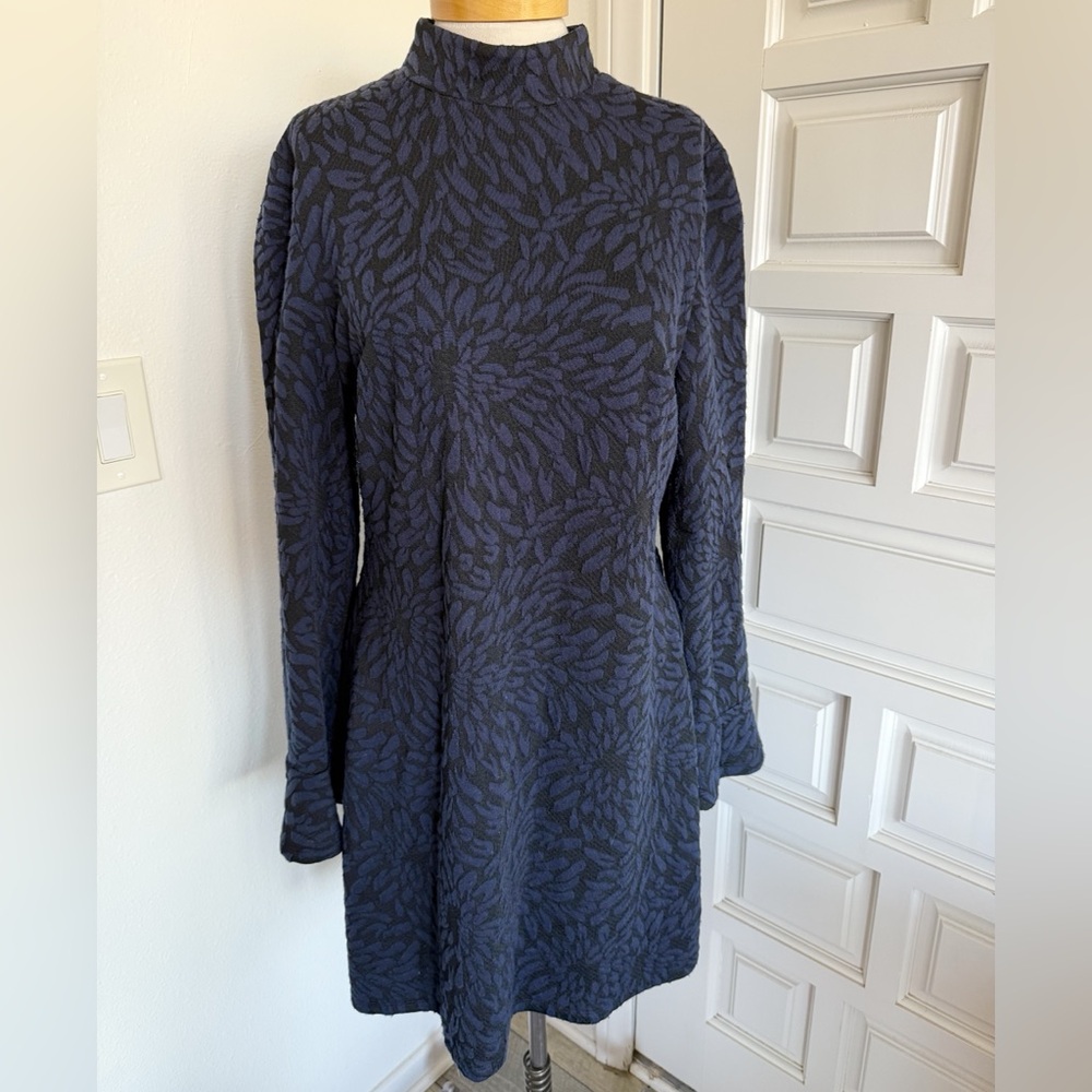 Hutch Navy Blue & Black Floral Sweater Dress Long Sleeve High Neck Size Large